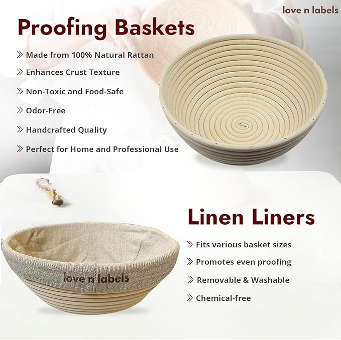 Banneton Bread Proofing Basket Set | 9" Round & 10" Oval Sourdough Proofing Baskets with Linen Liners | Natural Rattan Banneton Baskets for Bread Baking | Includes Sourdough Tools