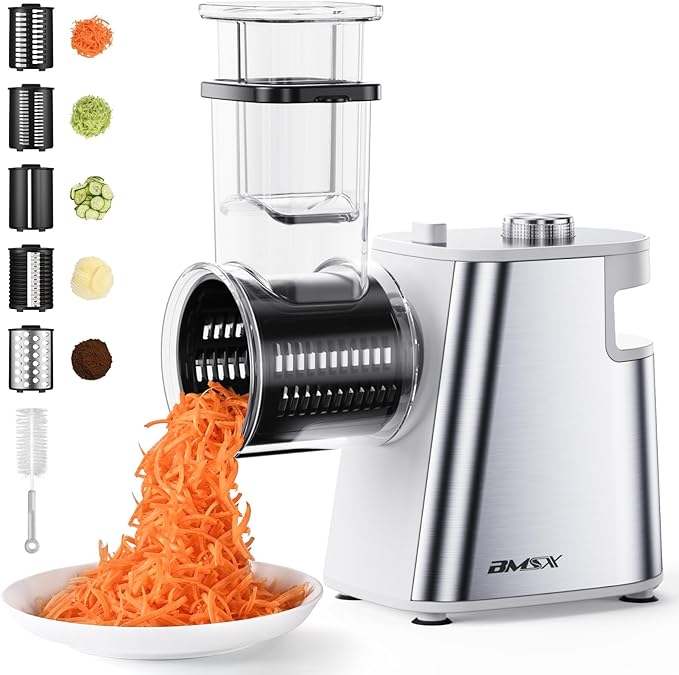 Electric Cheese Grater Upgraded, 250W Electric Slicer Shredder, Automatic Cheese Shredder, Electric Salad Machine for Fruits, Vegetables, Cheeses，Salad Maker With 5 Different Shapes of Blades