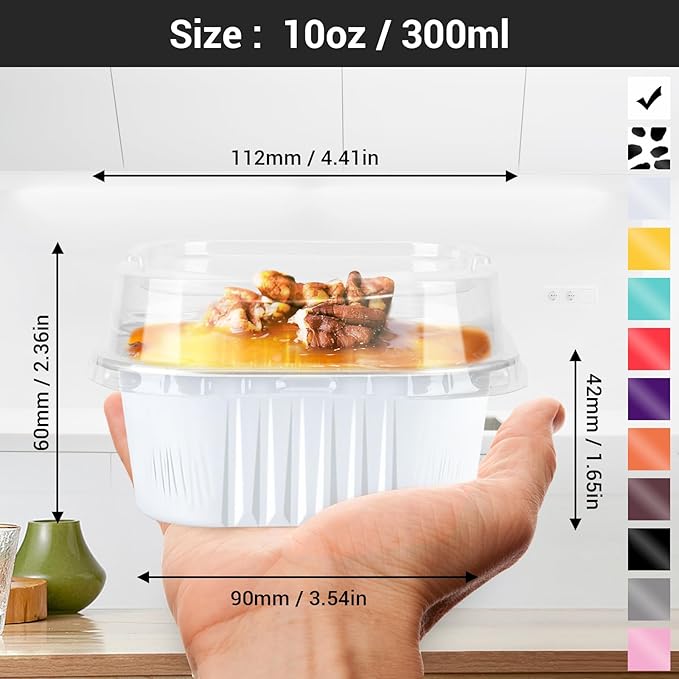 EUSOAR Disposable Ramekins with Lids, White 10oz 50pcs Creme Brulee Ramekins, Aluminum Foil Baking Cups, Square Cupcake Pans, Mini Cake loaf Bread Containers