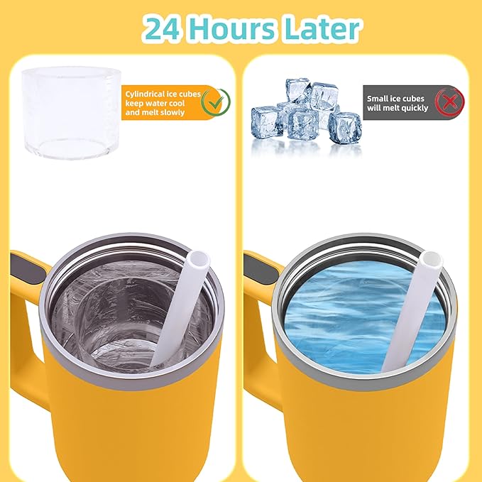 Ice Cube Tray for Stanley Cup, Silicone Ice Mould with Lid & Bin, Long Ice Cubes for 30-40Oz Tumbler, Easy Fill & Release, Perfect for Cocktails, Whiskey, Iced Coffee, Drinks, BPA Free (Yellow)
