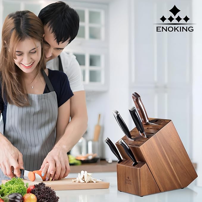 ENOKING Knife Block without Knives, Large Knife Holder- 25 Slots Acacia Wood Universal Knife Block, Butcher Block Countertop for Knife Storage Organizer