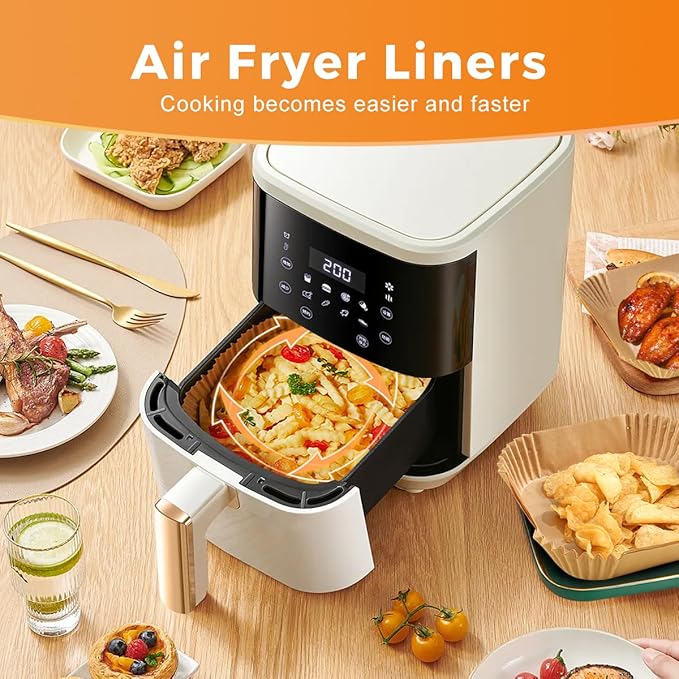 Vailnd Air Fryer Disposable Paper Liners 9inch Square, 125PCS Non-Stick Food Grade Air Fryer Parchment Paper, Oil Resistant & Waterproof Baking Liner for 8-12 QT Oven