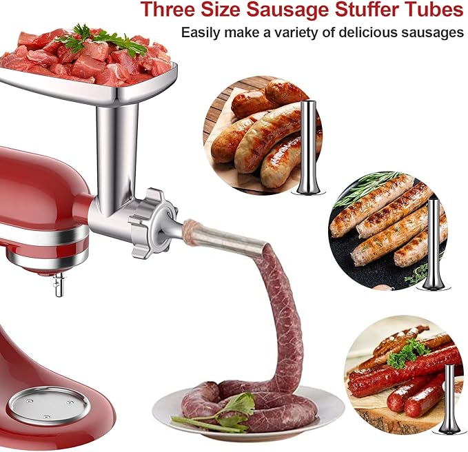 Meat Grinder & Slicer Shredder Attachments for KitchenAid Stand Mixer, Meat Grinder with Sausage Stuffer Tubes and Slicer Shredder Set, 2 Pcs Attachment Set for KitchenAid Mixers By Cofun