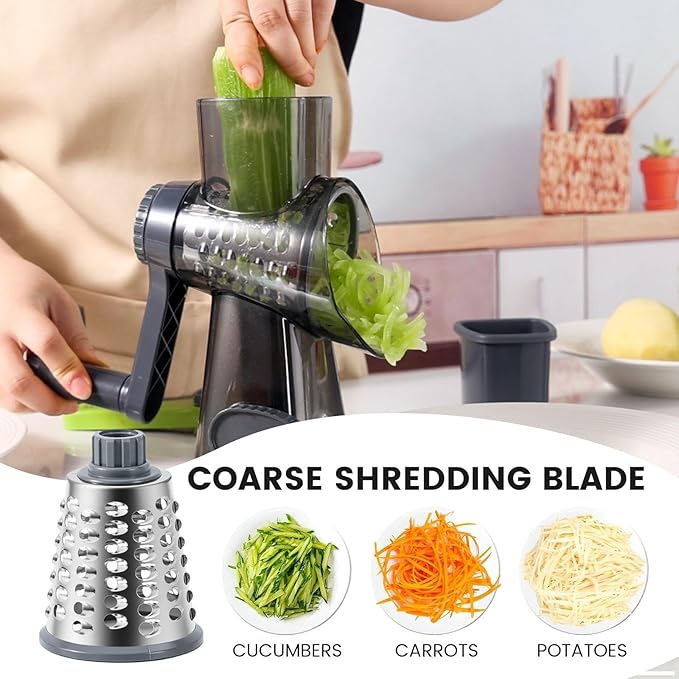HANSGO Rotary Cheese Grater Hand Crank, Shredder Slicer Grinder, 3 Large Diameter Metal Blades & Cleaning Brush, Non-slip Suction Base, Labor-Saving Handle, Kitchen Gadgets for Cheese, Vegetable, Nuts