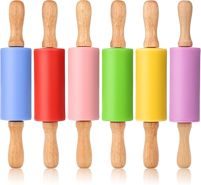 Mini Silicone Rolling Pin for Kids, Non-stick Surface Wood Handle, 9 Inch 6 Pack
