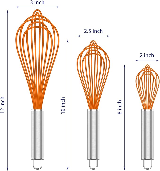 Orange Silicone Whisk, Professional Whisks For Cooking Non-Scratch, Stainless Steel & Silicone Wisk, Plastic Rubber Whisk Tool For Nonstick Cookware Pans, BPA free, Silicon Wisks Set of 3