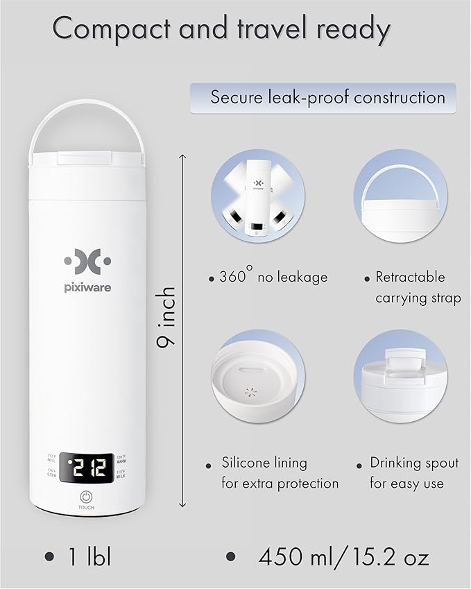 Travel Kettle Lift Lid for Hot Water on the Go 450ml – Small Portable Mini Electric Kettle – 4 Smart Temp Presets – Auto Shut-Off – Leak-Resistant – Stainless Steel BPA-Free 304