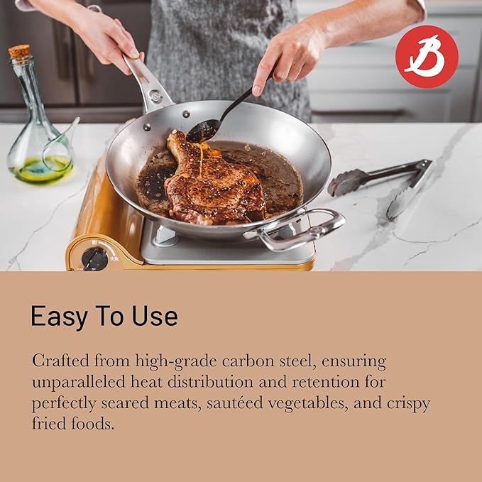De Buyer MINERAL B Pro Carbon Steel Country Fry Pan with Helper Handle - 12.5” Diameter, 9” Cooking Surface - Ideal for Sauteing, Simmering, Frying - PFAS, PFOA, PFOS Free - Made in France