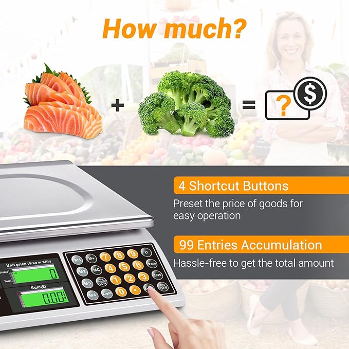 Price Computing Scale, 66lb Digital Commercial Food Meat Produce Weighing Scale with Green Backlight LCD for Farmers Market, Retail Outlets, Dry Battery Powered, Not for Trade