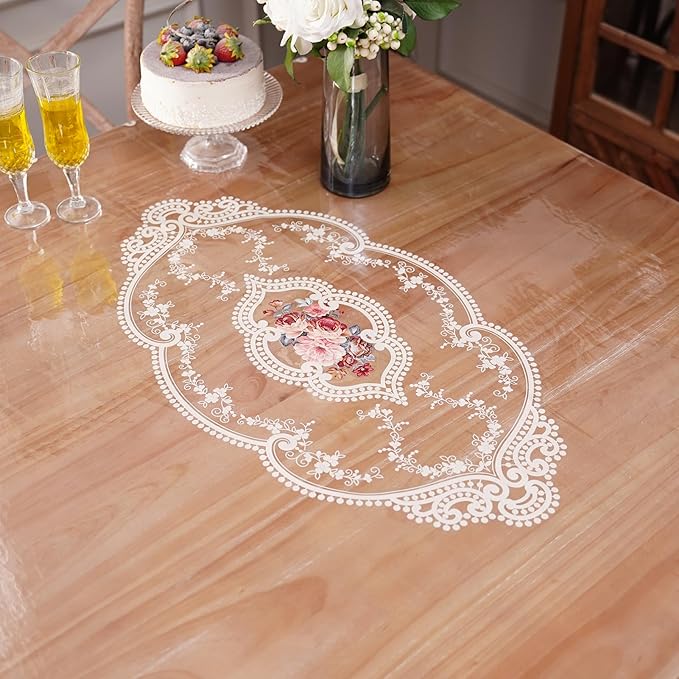 Clear Table Cover Protector Vinyl PVC Square Table Cloth with White Lace Pattern Oil Spill Proof Plastic Tablecloths for Dining Tables Parties Holidays (French Lace, 55 x 55 Inches)