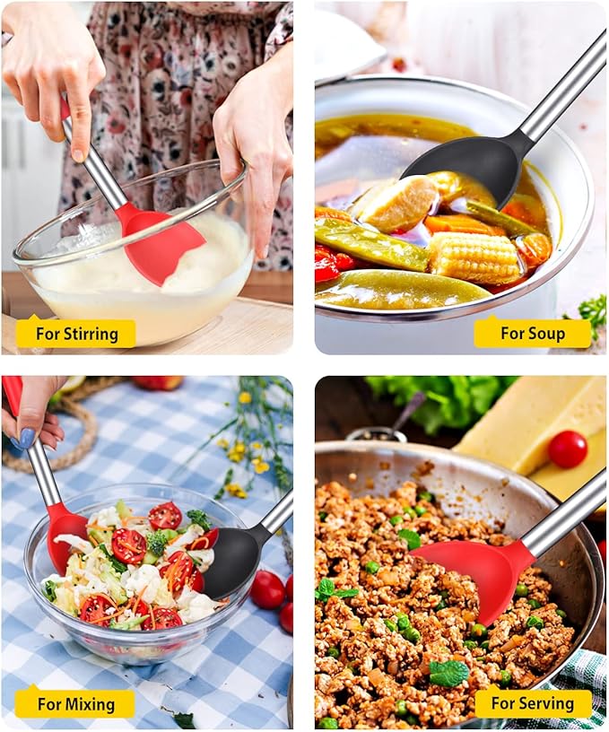 Pack of 2 Large Silicone Cooking Spoon Non Stick Solid Basting Spoons Heat-Resistant Kitchen Utensils for Mixing Serving (Black-Red)