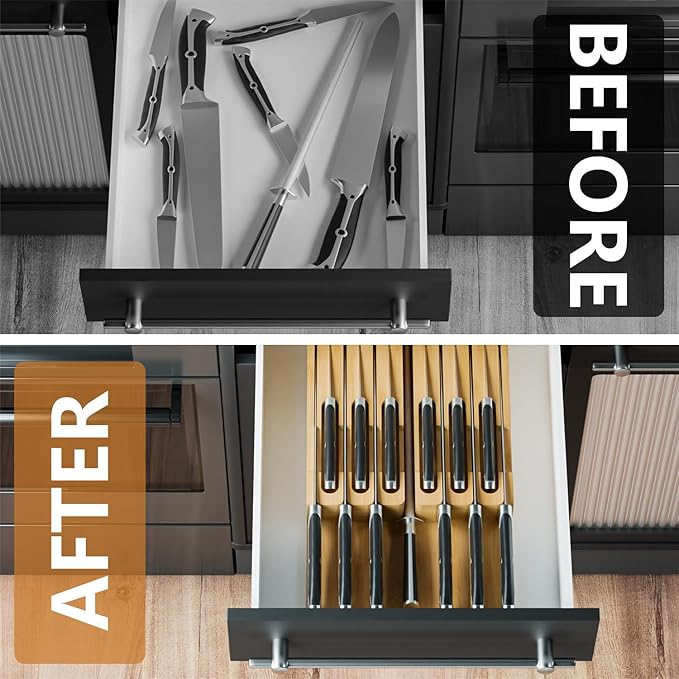 Domax Bamboo In-drawer Knife Block - Knife Drawer Organizer Insert Large Handle Steak Knife Holder, Kitchen Drawer Knife Organizer Fits for 12 knives and 1 Sharpening Steel (Not Included)