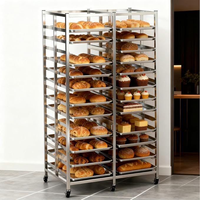 Bun Pan Rack, Commercial Bakery Sheet Rack with Brake Wheels, 30-Tier Stainless Steel Baking Tray Food cart ，for Bakeries Restaurant & Catering（Trays Not Included） ﻿ (30 Tier)
