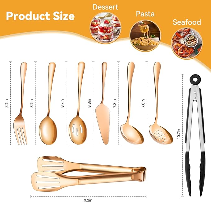 Rose Gold Serving Utensils Set Stainless Steel, Large Metal Serving Spoons, Slotted Spoons, Forks, Tongs, Soup and Skimmer Spoon, Cake Server serveware for Partie, Buffet, Catering, Entertaining 15pcs