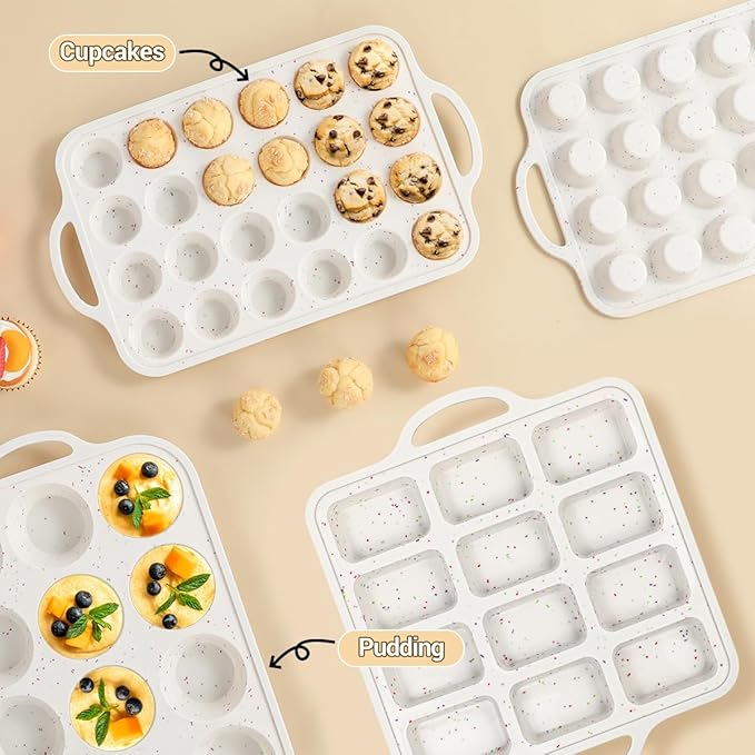 CAKETIME 3 Pack Silicone Bakeware Set, Metal Reinforced Frame Silicone Muffin Pans for Baking Nonstick with Handle,12 & 24 Cup Muffin Pans and 12-Cup Mini Loaf Pan, BPA Free