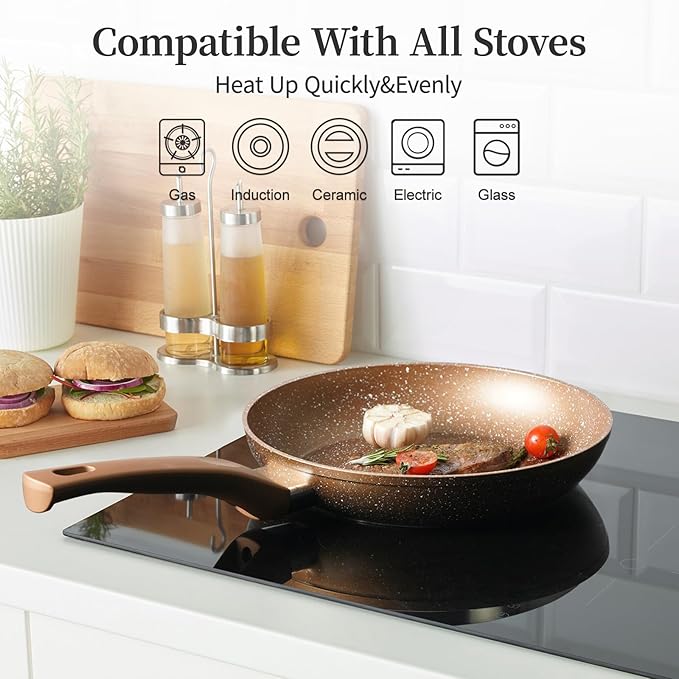 Innwewell Non Stick Frying Pan - Granite Stone Non Stick Skillet Frying Pans, Safe&No Toxic Egg Omelette Frying Pan, Small Nonstick Cookware Cooking Pan, Induction Compatible, PFOA Free(8inch, Gold)