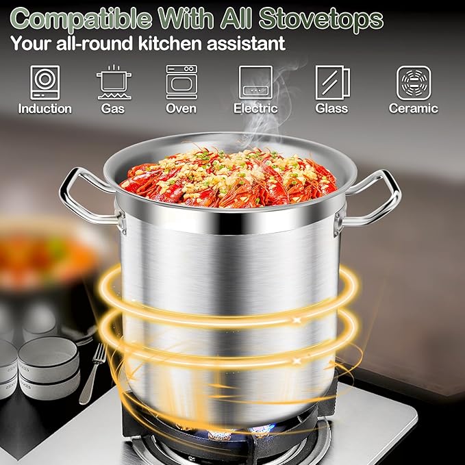 Stainless Steel Stockpot – 50QT Stock Pot with Lid, Heavy-Duty Tri-Ply Bottom Cooking Pot for Canning, Boiling Beer Brewing, Soup, Seafood Boil – Satin Finish Stainless Steel Soup Pots