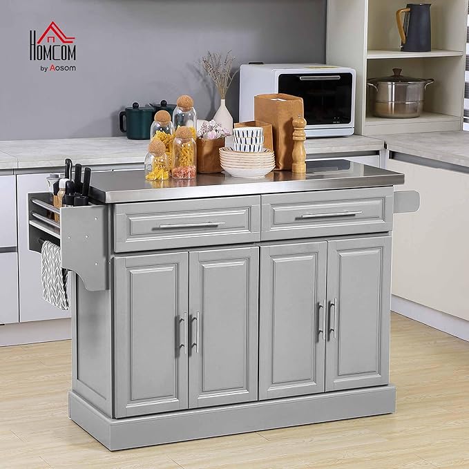 HOMCOM Rolling Kitchen Island Cart with Wheels, Portable Island Table for Kitchen with Stainless Steel Top, Adjustable Shelves, 2 Drawers, Spice, Knife and Towel Rack, Gray