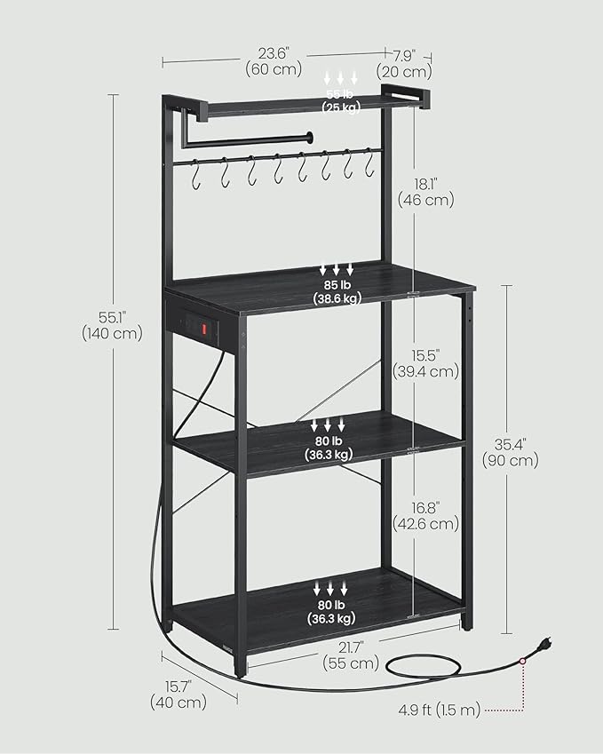 VASAGLE Kitchen Bakers Rack with Power Outlet, Coffee Bar 4-Tier with 8 S Hooks, Microwave Stand, Adjustable Shelf, for Small Spaces, Charcoal Gray and Ink Black UKKS014B01V1
