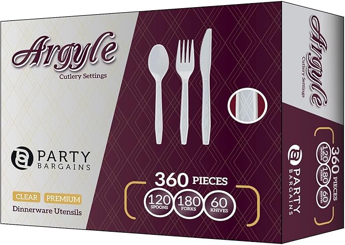 Party Bargains White Plastic Cutlery 360 pcs: 180 Forks, 120 Spoons, 60 Knives. Argyle Design, Heavy Duty & Solid Disposable Silverware Utensils Combo Pack Set for Weddings, Buffets, Luncheons