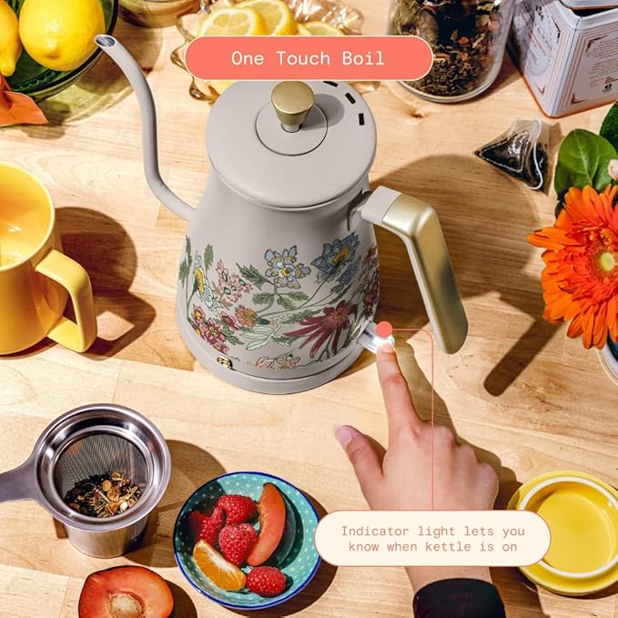 Beautiful 1L Electric Gooseneck Kettle, Precision Pour Spout, 1200W Fast Boil, Auto Shut-Off, Cordless, Stainless Steel, Tea & Coffee Maker with Ergonomic Handle, Wildflower Porcini Taupe