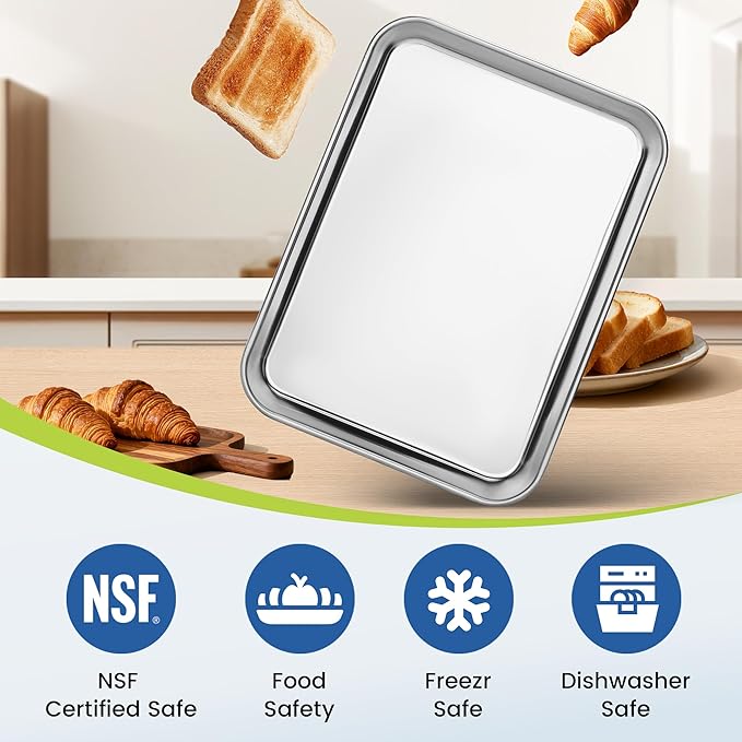 6 Pack Stainless Steel Baking Sheet Pans, 9" L × 7" W × 1" H Cookie Sheets for Toaster Oven, Rust-Resistant, Dishwasher Safe