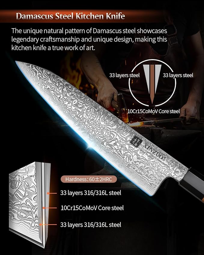 XINZUO Knife Block Set,Hand Forged 67 Layers Damascus Steel,7 Pieces Professional Chef Knife Set with Block&Kitchen Shear&Block, Razor Sharp, Olive Wood Octagonal Handle,Exquisite Box Package