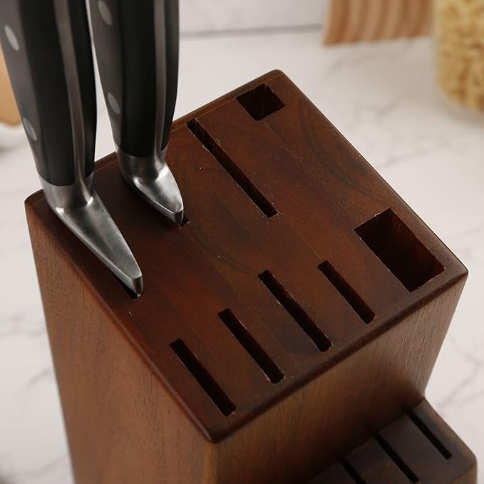 Kitchen knife holder elegant & sturdy (15 slots). Universal knife block with slots for knives, scissor and sharpenner. Knife Block without Knives. Kitchen knife holders for counter top. (Acacia)