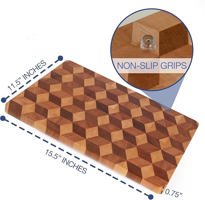 End Grain Wooden Cutting Board for Kitchen 15"x 11" - Walnut Hardwood Chopping Block with Non Slip Grips - Ideal for Charcuterie & Meat Butcher - Handmade 3D Design Wood (0.75" Thick, Large)