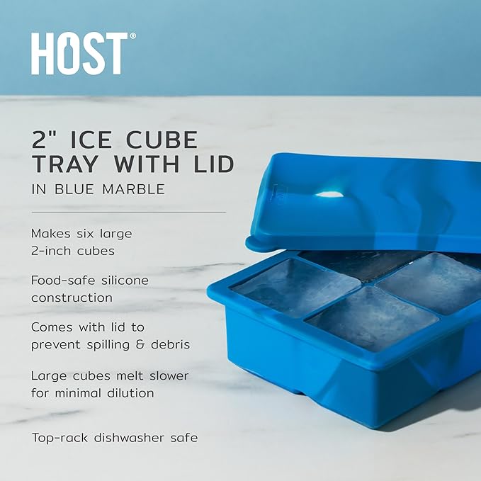 Host Ice Cube Tray with Lid, Makes 6 Large 2" Cubes, Durable Silicone Trays, Perfect for Cocktails, Beverages, Mocktails, Iced Coffee, Tea, Infused Water, Kitchen Essentials, Set of 1, Blue Marble