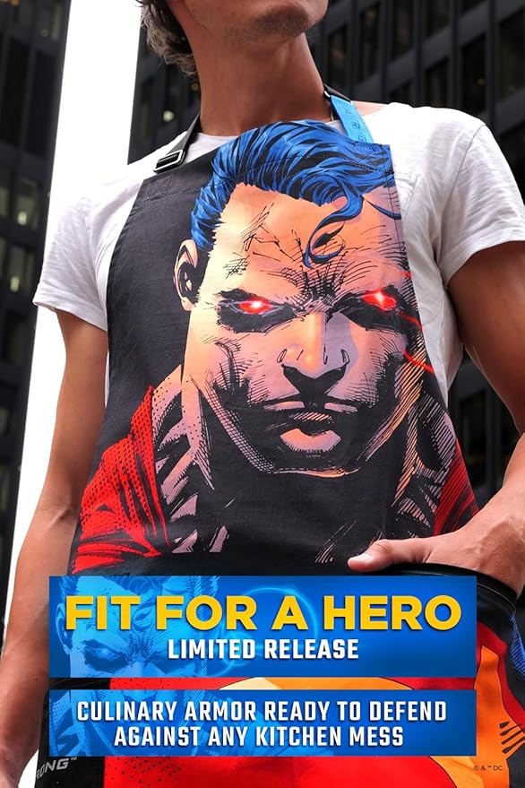 Dalstrong Chef Kitchen Apron - DC Superman™ Heat Vision Edition - Premium Cotton & Nylon Straps - 2 Pockets - Steel Hangloops -Unique Size Fit for All - Stain Resistant