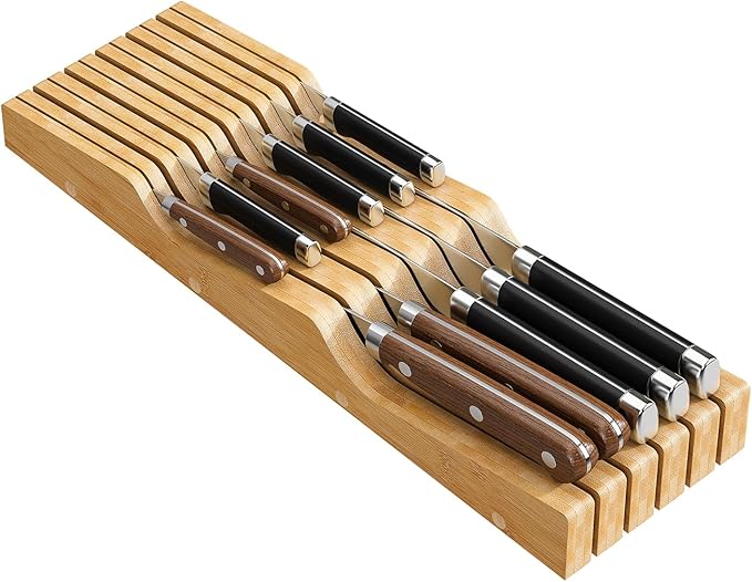 Bamboo In-Drawer Knife Block for 11 Knives(Not Included), Knife Drawer Organizer,Knife Holder Countertop,Block Knife Storage Organizer for Kitchen