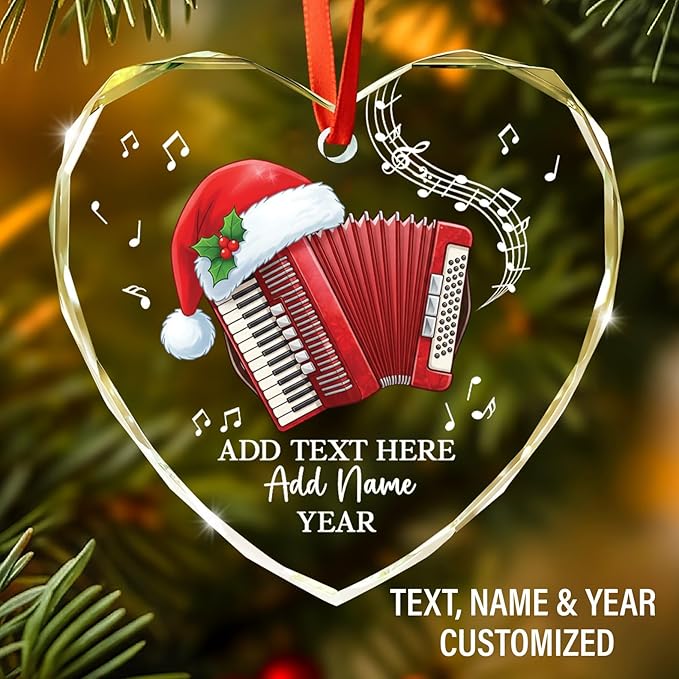 Personalized Text Name & Year Accordionist Glass Ornament, Accordion Instrument Christmas Tree Ornaments, Custom Accordion Player Christmas Ornament 2025, Xmas Decor Gifts for Music Lovers