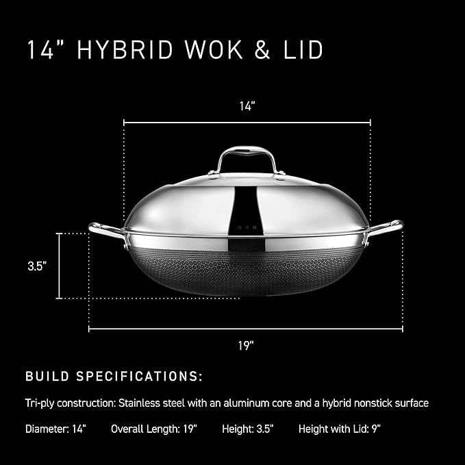HexClad Hybrid Nonstick 14-Inch Wok with Stainless Steel Lid, Stay-Cool Handles, Dishwasher-Friendly, Oven-Safe Up to 900°F, Induction Ready, Compatible with All Cooktops