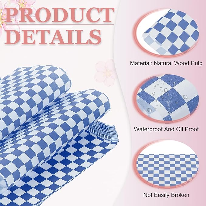 PATIKIL 8.7" x 8.7" Waxed Paper Sheets, 50Pcs Square Pattern Oil-absorbing Dry Food Wrapping Paper for Bakery Coffee Shop Home Baking Kitchen DIY, Blue