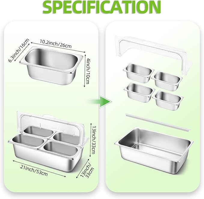 Stainless Steel Ice Food Serving Display Container 6 Pans 3 Ice Packs Cooled Condiment Dispenser Cold Serving Appetizer Buffet Organizer (4 Pans)