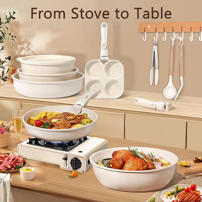 GiPP Ceramic Pots and Pans Set Non Stick, Nonstick Detachable Handle Cookware Sets, Healthy Non Toxic PFAS PFOA & PTFE Free, Dishwasher ＆Oven Safe, Induction Kitchen Pot and Pan, 15 Piece Cream