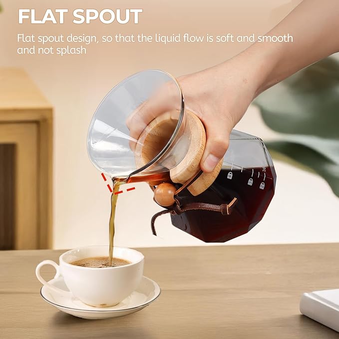 Pour Over Coffee Maker 600ml with 304 Stainless Steel Filter and Wooden Collar Holder Borosilicate Glass Drip Coffeemaker Server Set Clear Hand Brew Dripper Carafe for Home Camping Travel 20.3oz