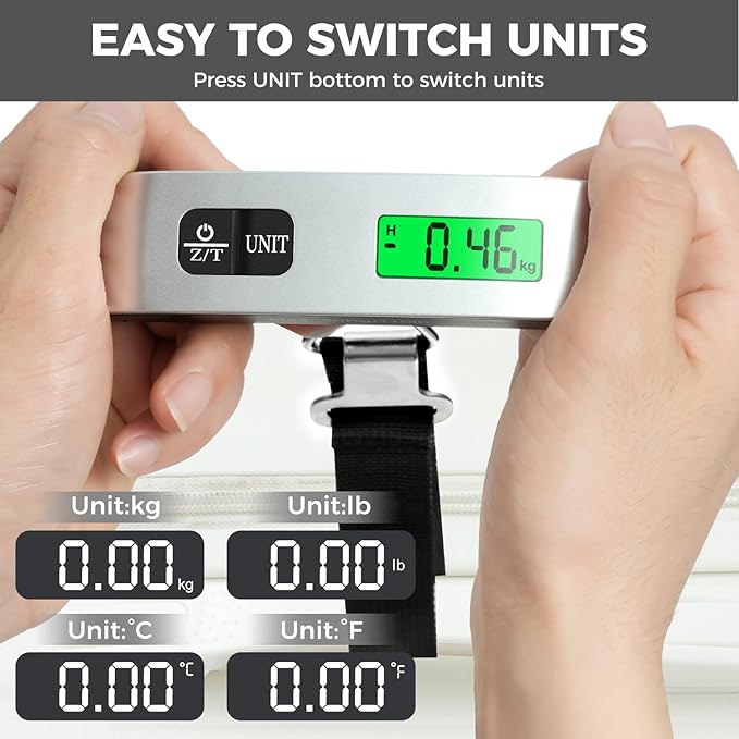 BAGAIL Digital Luggage Scale, 110lbs Hanging Baggage Scale with Backlit LCD Display, Portable Suitcase Weighing Scale, Travel Luggage Weight Scale with Hook, Strong Straps for Travelers
