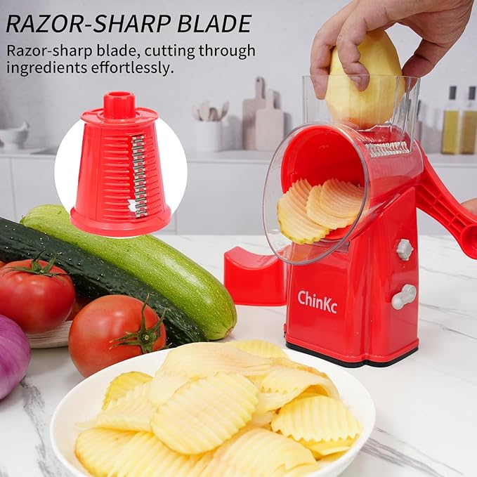 Rotary Cheese Grater Shredder - Upgraded 5 in 1 Cheese Grater with Handle and Strong Suction Base, Multi-purpose Julienne Slicer Ice Shaver Nuts Grinder for Ice, Vegetables, Fruit, Nuts