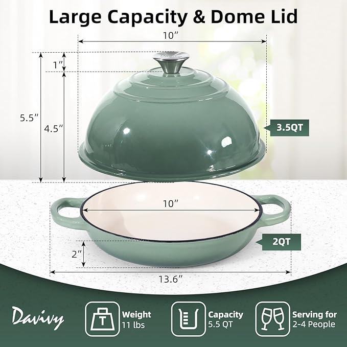 Davivy 5.5QT Sourdough Dutch Oven with Lid, 10" Round Cast Iron Bread Pan with Lid, Enameled Bread Baking Cloche, Dutch Oven for Sourdough Bread Baking, with Silicone Oven Mitts - Sea Salt Green