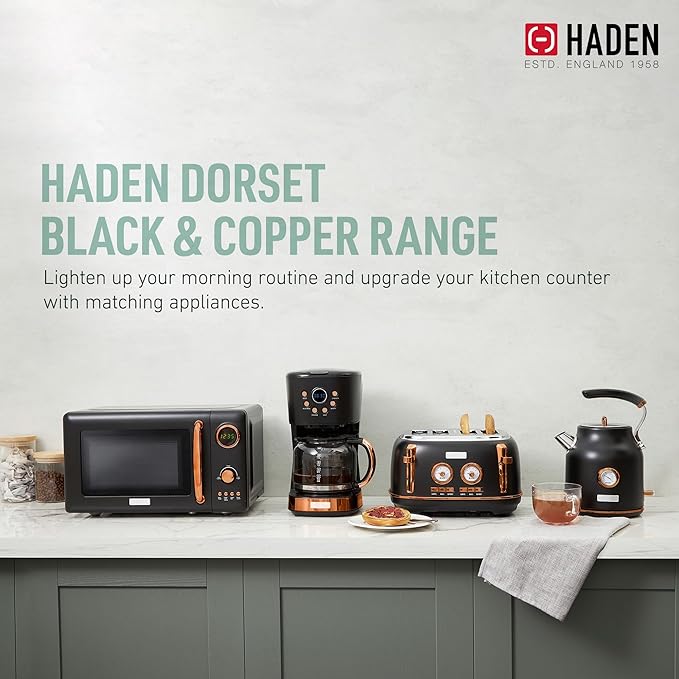 Haden Dorset 4 Slice Wide Slot Stainless Steel Toaster Bundled with 12 Cup Programmable Drip Coffee Maker Coffee Machine, Black & Copper