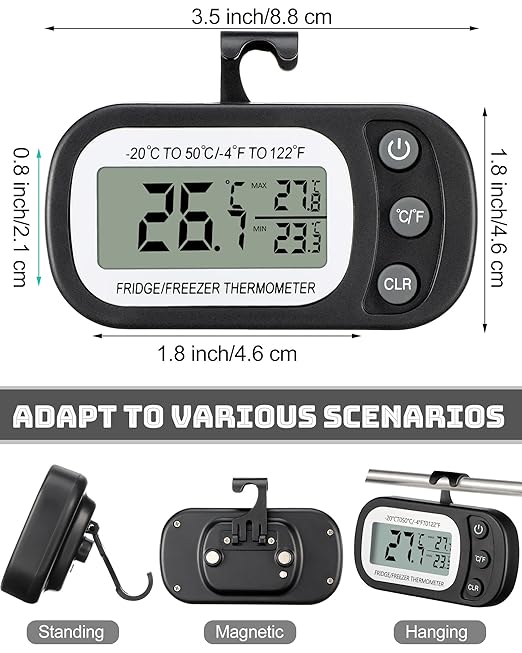 Frienda 12 Pack Black and White Digital Fridge Thermometer Waterproof Refrigerator and Freezer Room Max/min Record Function LCD Screen Refrigerator Thermometer with Hook and Magnetic Back for Home