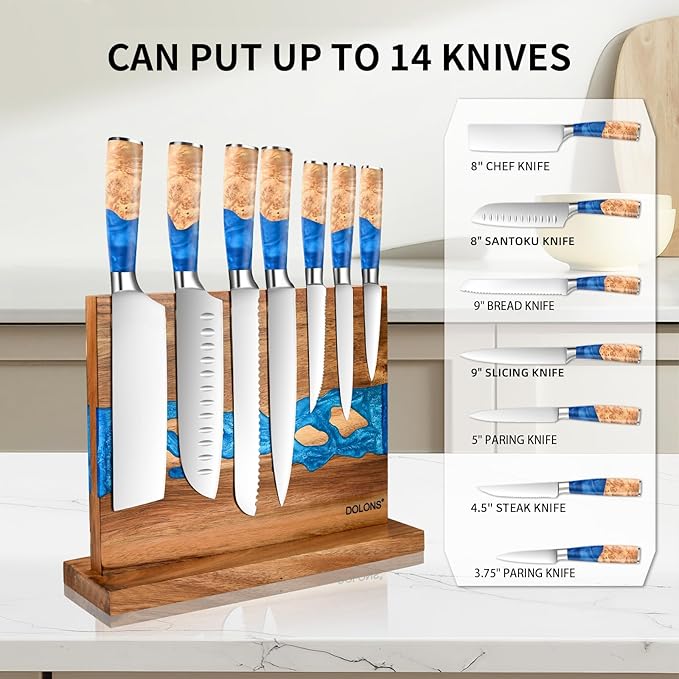 Magnetic Knife Block, Thickened Acacia Wood Resin Kitchen Knife Holder Stand with Strong Magnets, Multifunctional Double Side Knife Storage Organizer for Kitchen Counter