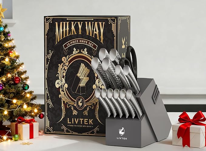 Livtek Knife Set with Block - Kitchen Knife Set German High-Carbon Stainless Steel with Built-in Sharpener - Full Tang Ergonomic Handle - Anti-Rust & Ultra Sharp - 15-Piece Set, Galaxy Series