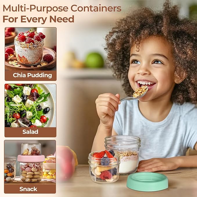 ComSaf Overnight Oats Containers with Lids (8oz+4oz, 4Pcs), Glass Yogurt Parfait Cups for Cereal Nut Fruit, Dual-Layer Chia Pudding Jars Reusable, Small Mason Jars for Salad, Meal Prep, Snack, Oatmeal