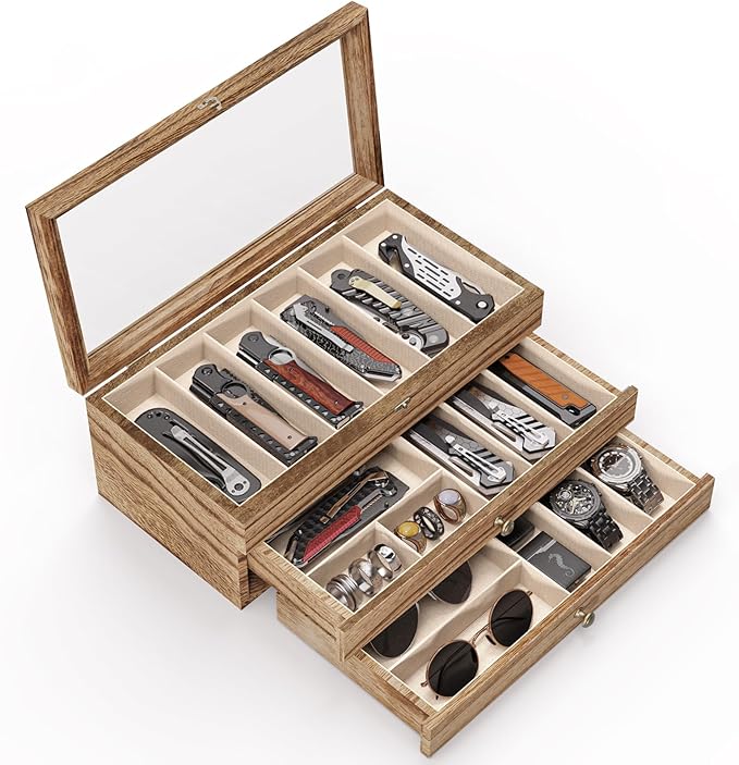 Knife Display Case, 3-Layer Pocket Knife Case Display & Storage Knives, Solid Wood Knife Case for Collections, Gift for Boyfriend Fathers Day Birthday Gifts(Brown)
