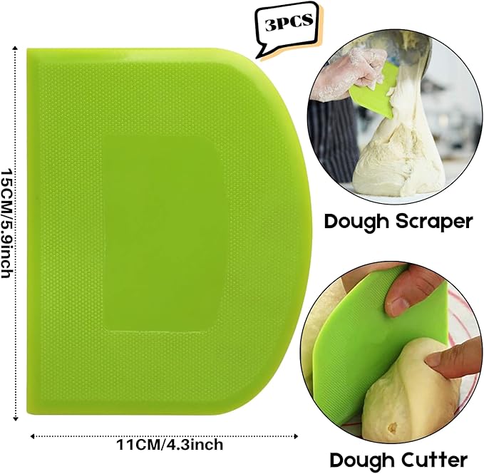 SURDOCA Dough Scraper Bench Scraper - 3P 5.9x4.3" Plastic Flexible Bowl Scraper, Sharp Edge & Angles Cake Scraper. Non-Slip Bakeware Decorating Tools Sculpting & Modeling Tools - Green+Blue+White