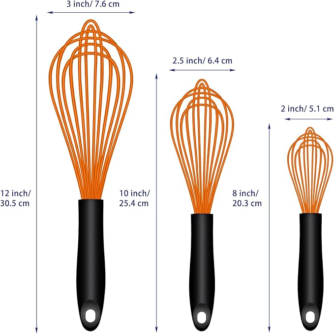 Dishwasher Safe Orange Silicone Whisk, Sealed Waterproof Design Set of 3, Professional Kitchen Whisks for Cooking Non-Scratch, Silicone&Stainless Steel Whisk, Heat Resistant Plastic wisk, BPA free