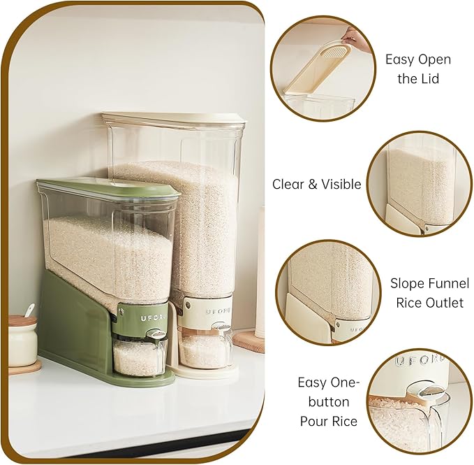 Rice Dispenser 11Lbs, Slim Rice Storage Container for Small Space, BPA-Free Clear Dry Food Dispenser Sealed Moisture Proof, Grain&Cereal Storage Bucket for Kitchen Pantry Household, Cream White